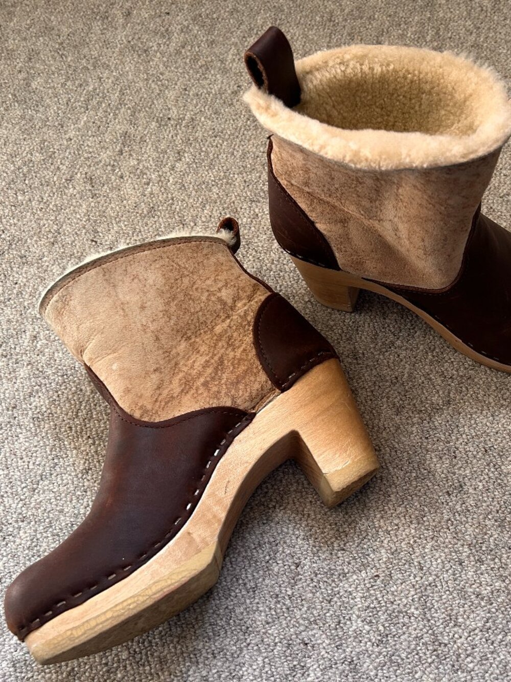No.6 Shearling Clog Boots Brown Tan Wood Heel 5" Pull On
